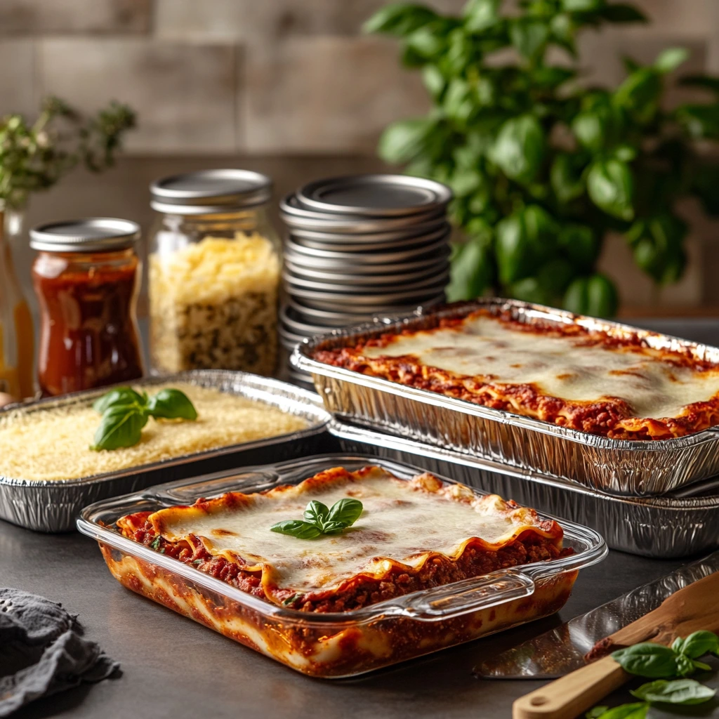 Top-rated lasagna pans displayed, including a glass Pyrex pan, a ceramic deep dish pan, a non-stick metal pan, and disposable aluminum pans filled with lasagna.