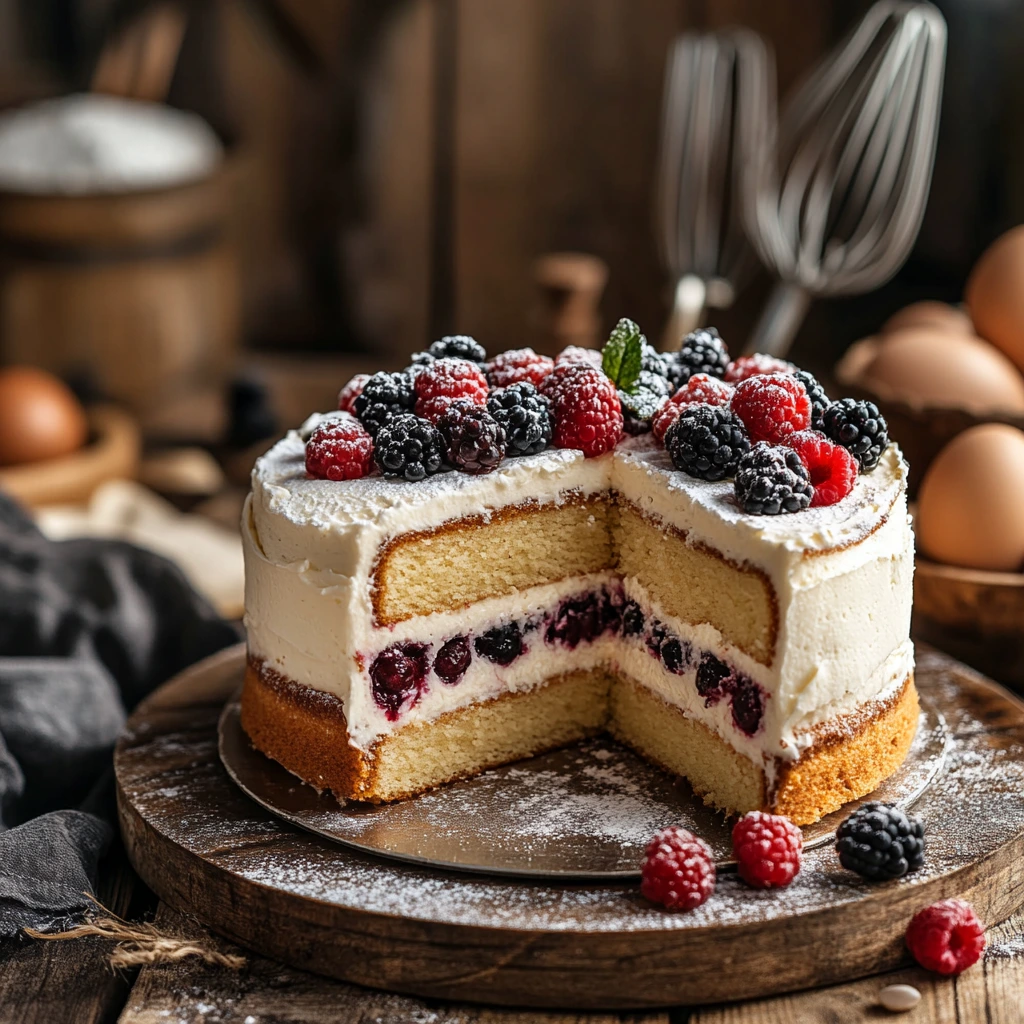 A freshly baked, super moist cake topped with frosting and fresh berries, with a soft crumb texture revealed in a sliced piece, placed on a rustic wooden table with baking ingredients in the background.