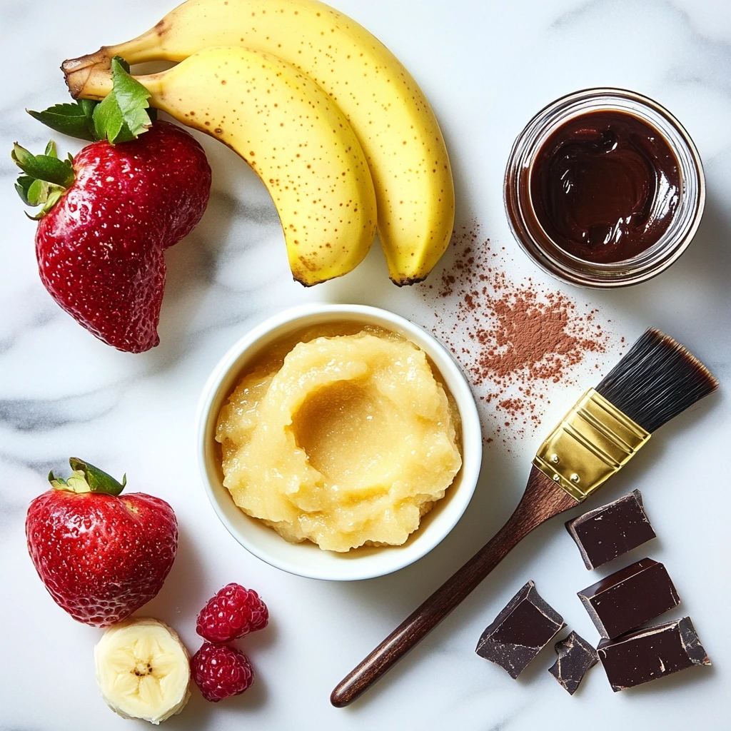 A display of secret cake moistening ingredients including mashed bananas, applesauce, sugar syrup with a brush, and a block of dark chocolate, arranged on a marble countertop.