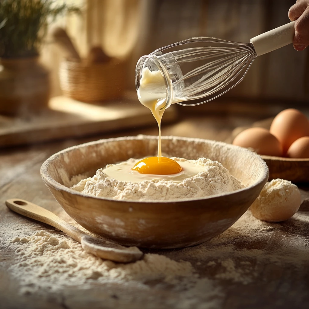 Kefir being poured into a mixing bowl with flour and eggs on a rustic kitchen table.